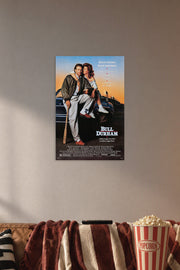 Bull Durham Movie Poster in a cozy movie room above a brown sofa with popcorn.