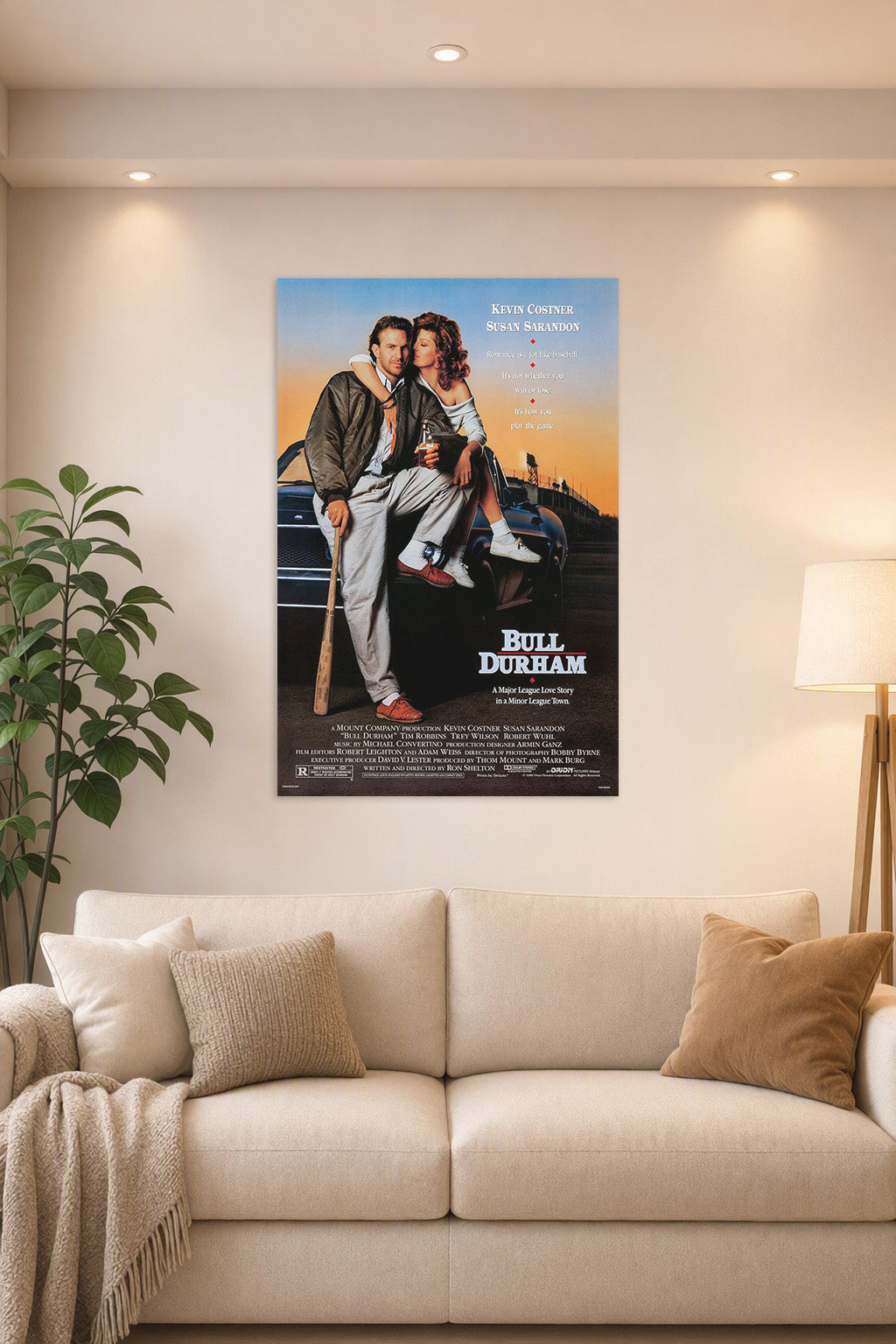 Bull Durham Movie Poster in a bright living room above a beige sofa.