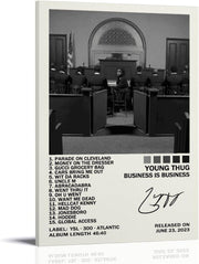 Business Is Business canvas wall art print featuring a monochrome courtroom photograph, album track list, title, and release text.