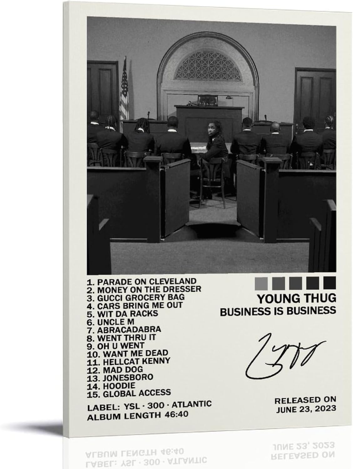 Business Is Business canvas wall art print featuring a monochrome courtroom photograph, album track list, title, and release text.