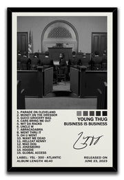 Business Is Business framed wall art print with a black-and-white courtroom scene, Young Thug lettering, track list, and signature.