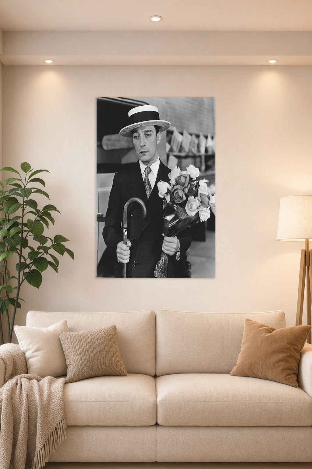 Buster Keaton in a bright living room above a beige sofa.