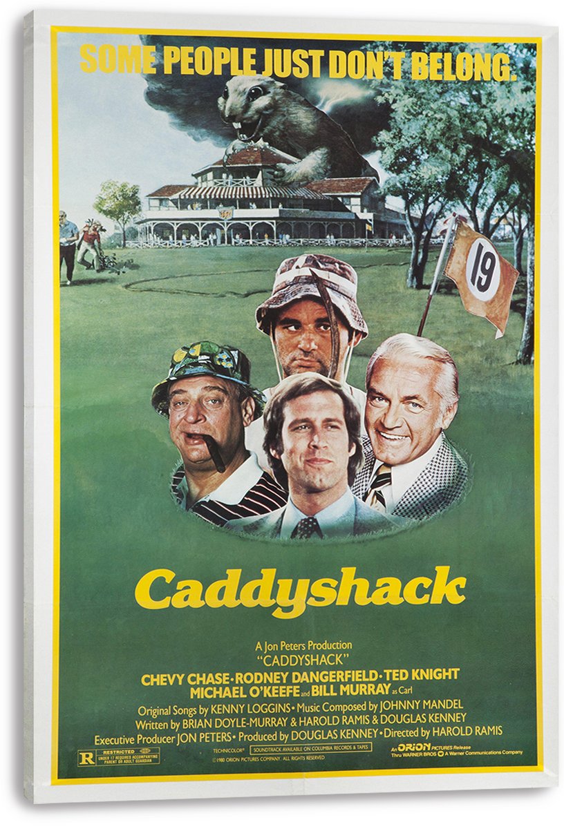 Caddyshack wall art print on canvas featuring four men, a giant gopher, golf flag 19, clubhouse, and yellow title text.