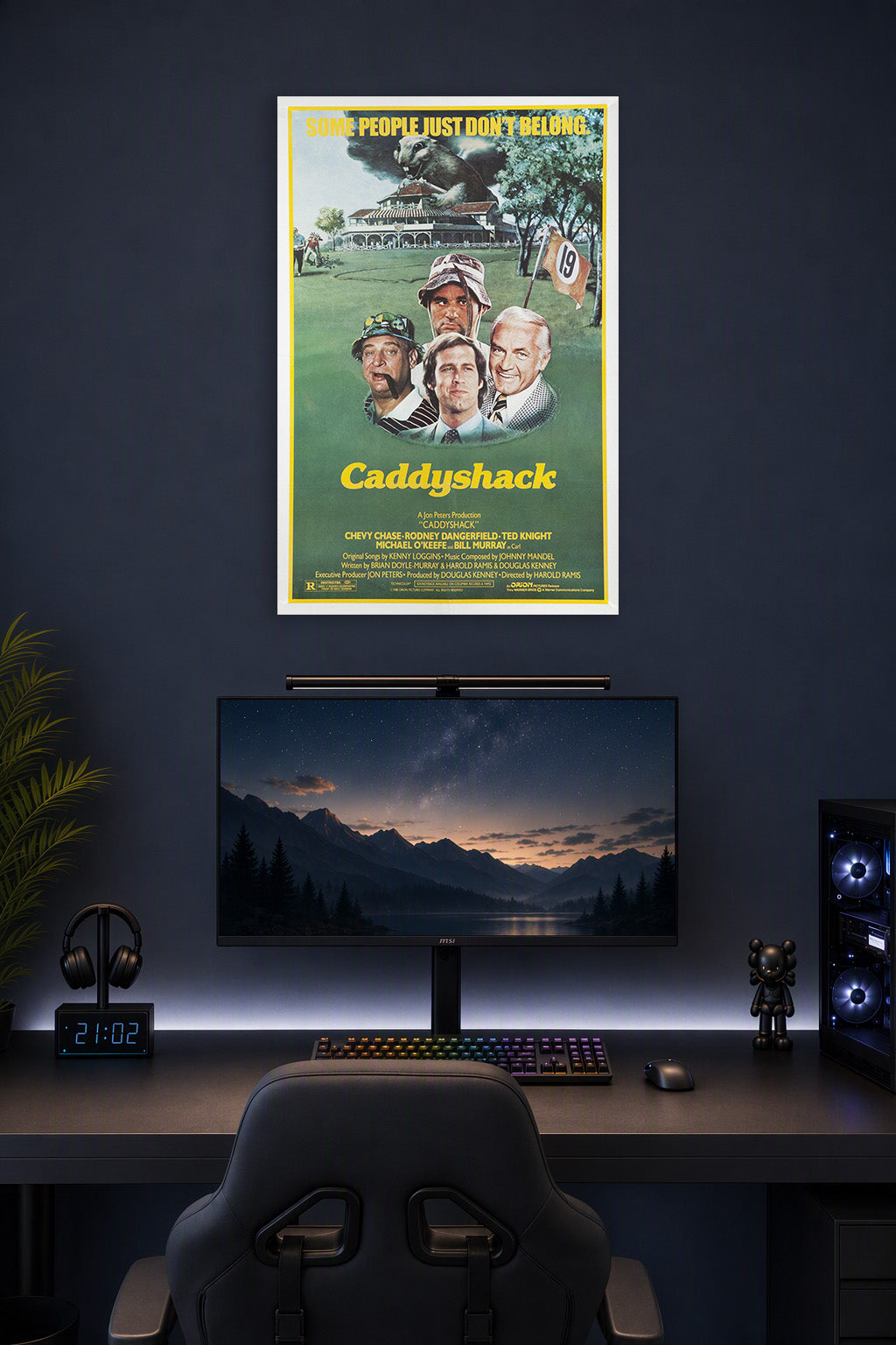 Caddyshack Movie in a gaming desk setup above a monitor.