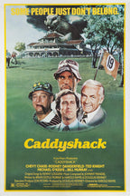 Caddyshack movie poster with four character portraits, a giant gopher over a golf clubhouse, and a yellow border.