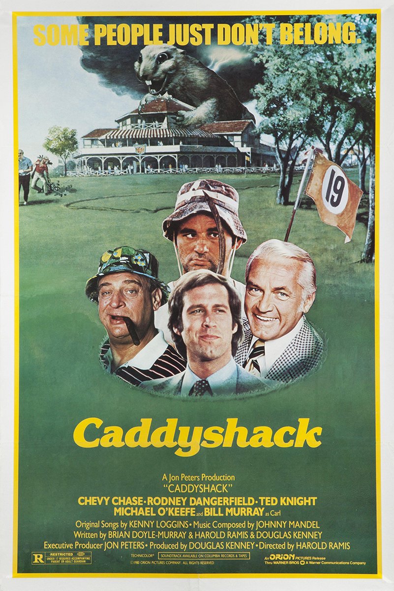 Caddyshack movie poster wall art print with four male portraits, a giant gopher above a golf clubhouse, and a hole 19 flag.