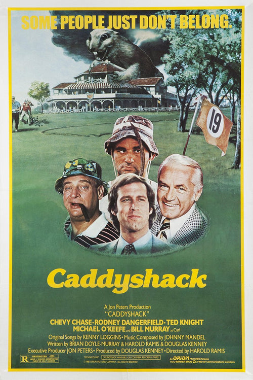 Caddyshack poster features four male portraits on a green golf course beneath a giant gopher, clubhouse, and hole 19 flag.