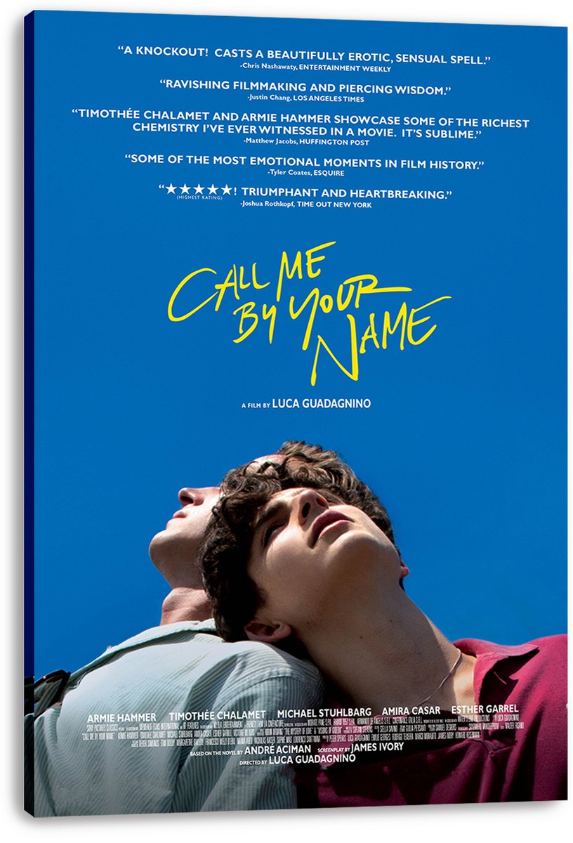 Call Me By Your Name canvas wall art print featuring two men in pale blue and burgundy shirts under blue sky, with yellow script title.