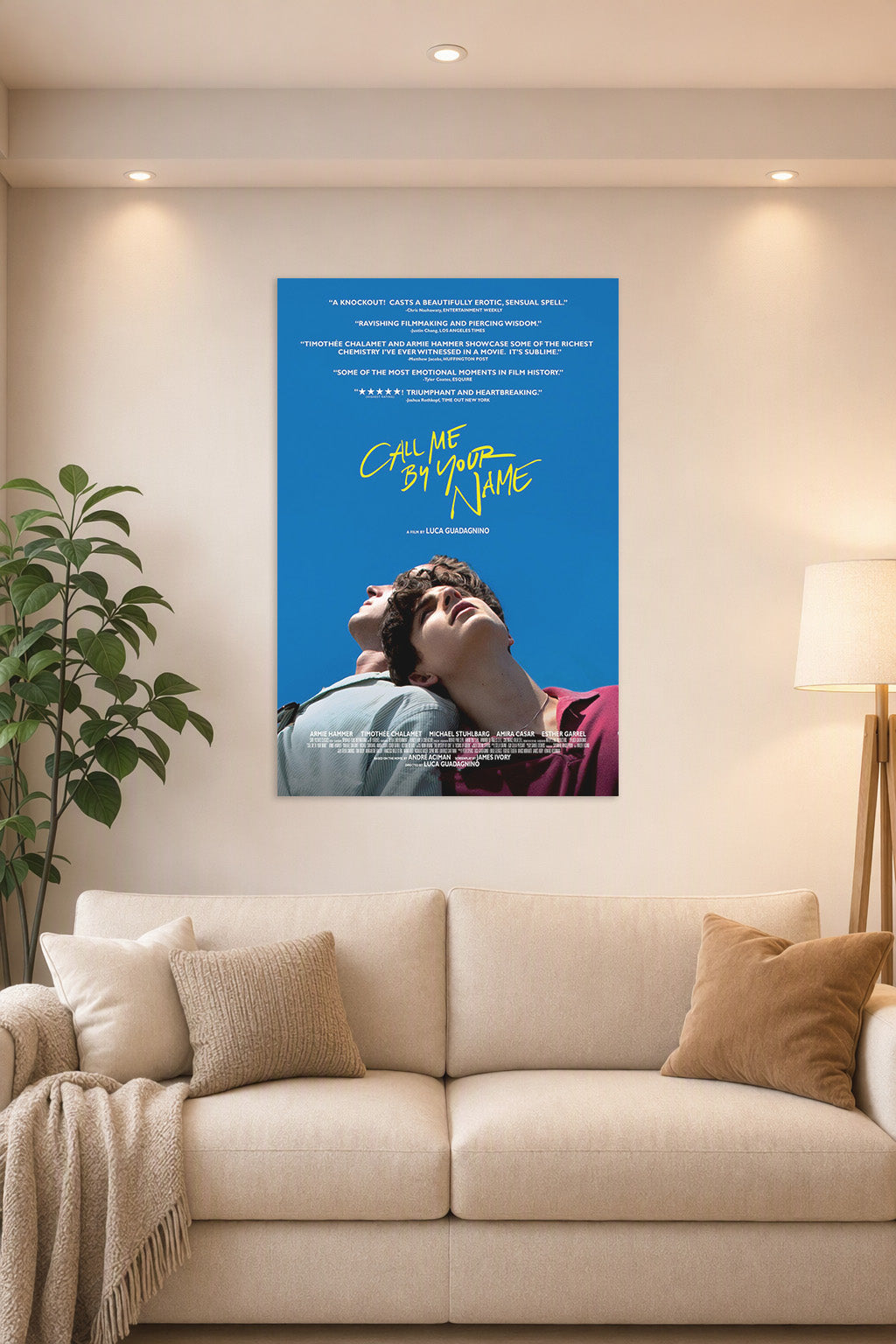 Call Me By Your Name Movie Poster in a bright living room above a beige sofa.