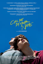 Call Me By Your Name movie poster wall art print with two men leaning together beneath a vivid blue sky and yellow title lettering.