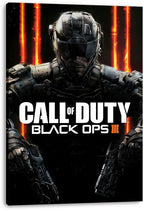 Call of Duty Black Ops III canvas wall art print featuring a helmeted armored soldier, orange light bars, and white logo text.