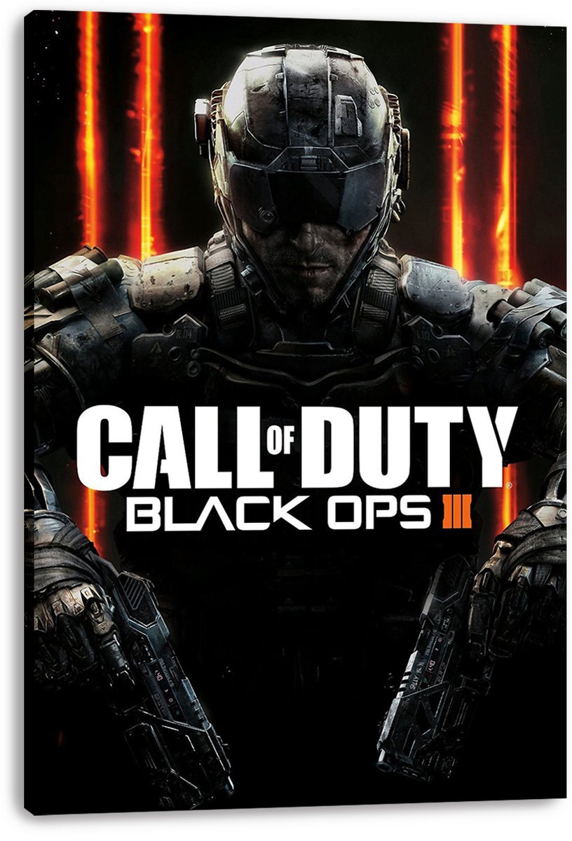 Call of Duty Black Ops III canvas wall art print featuring a helmeted armored soldier, orange light bars, and white logo text.