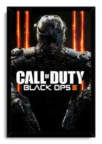 Call of Duty Black Ops III framed wall art print with a futuristic armored soldier, fiery orange lines, and game title lettering.