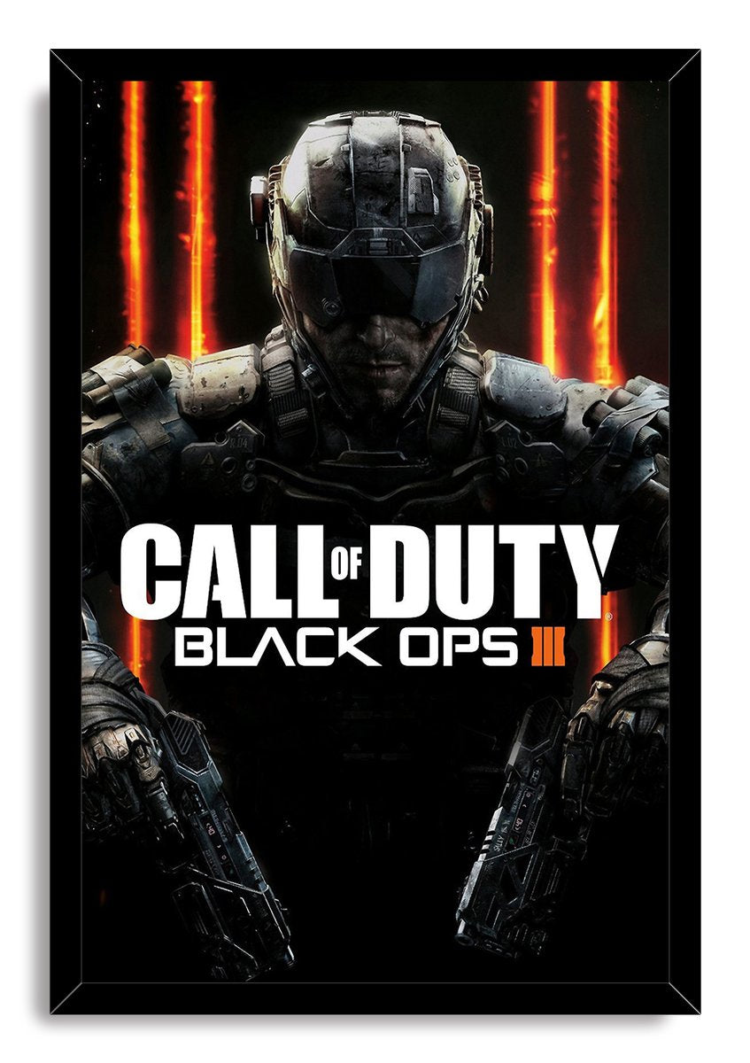 Call of Duty Black Ops III framed wall art print with a futuristic armored soldier, fiery orange lines, and game title lettering.