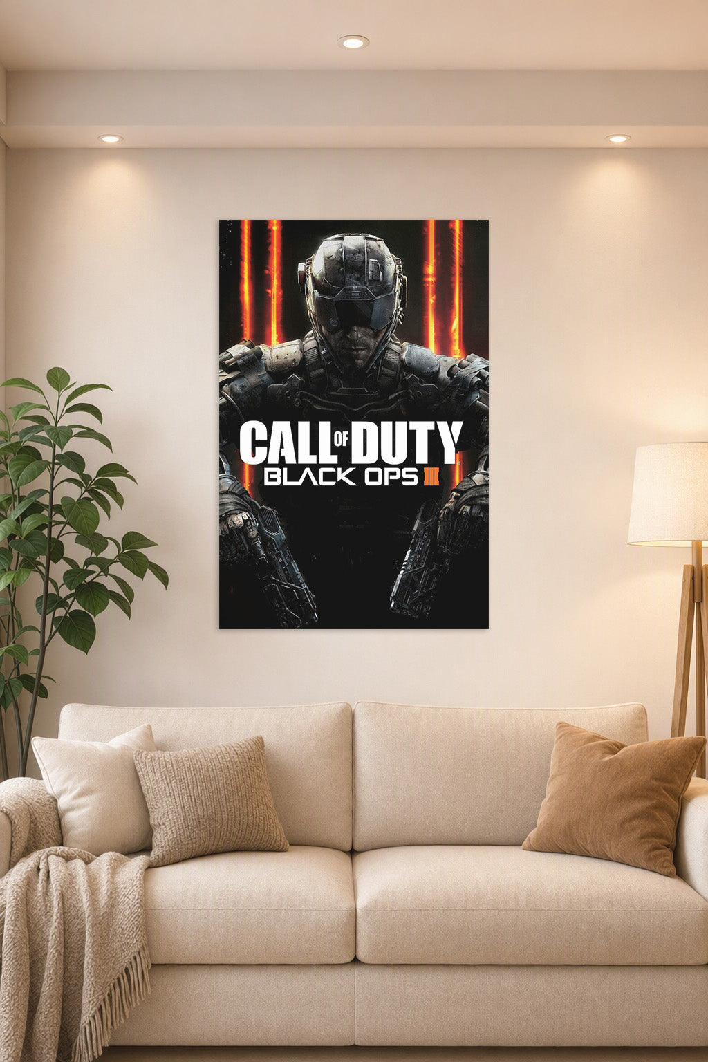 Call of Duty Black Ops III Soldier in a bright living room above a beige sofa.