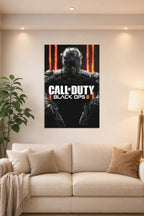Call of Duty Black Ops III Soldier in a bright living room above a beige sofa.