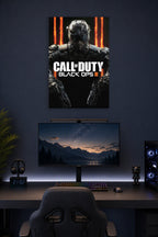 Call of Duty Black Ops III Soldier in a gaming desk setup above a monitor.