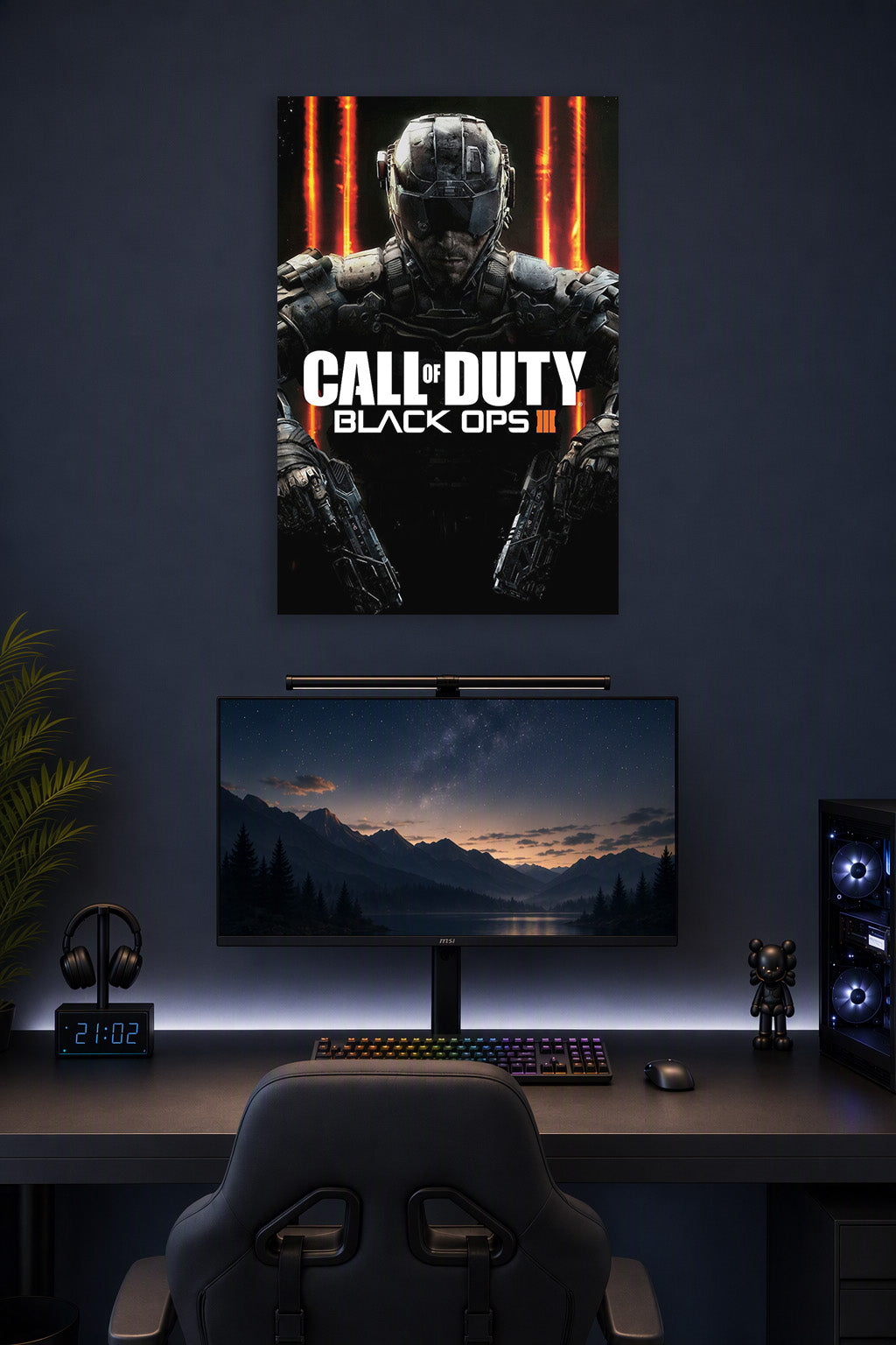 Call of Duty Black Ops III Soldier in a gaming desk setup above a monitor.