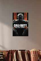 Call of Duty Black Ops III Soldier in a cozy movie room above a brown sofa with popcorn.