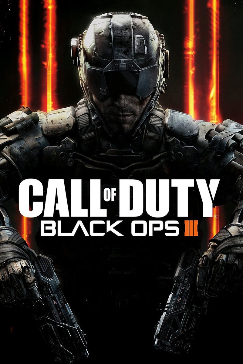 Call of Duty Black Ops III poster with an armored soldier before glowing orange vertical lines and bold white title text.
