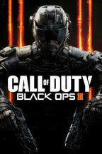 Call of Duty Black Ops III poster with an armored soldier before glowing orange vertical lines and bold white title text.