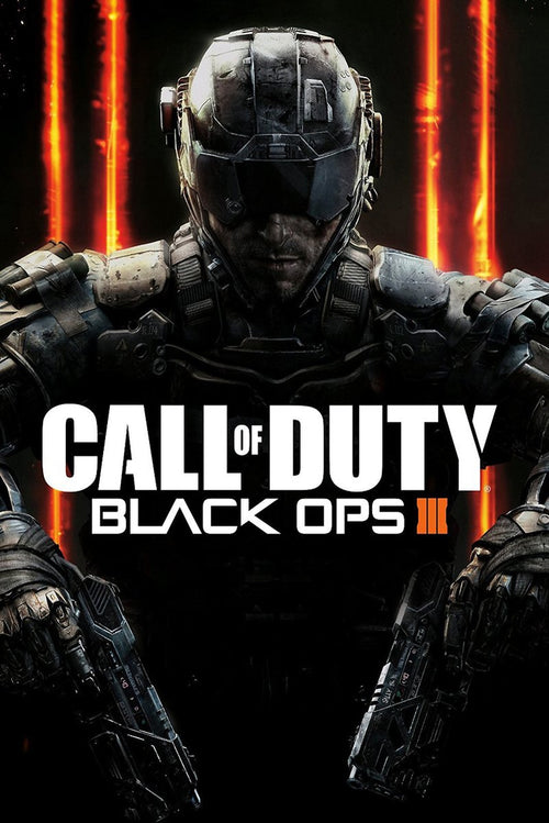 Call of Duty Black Ops III poster with an armored soldier before glowing orange vertical lines and bold white title text.