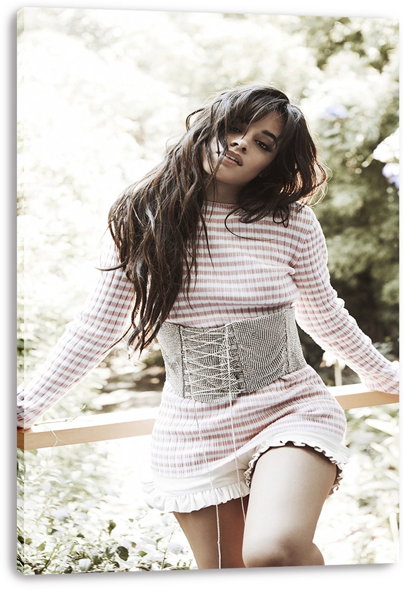 Camila Cabello canvas wall art print featuring her in a pink striped dress amid softly sunlit green foliage.