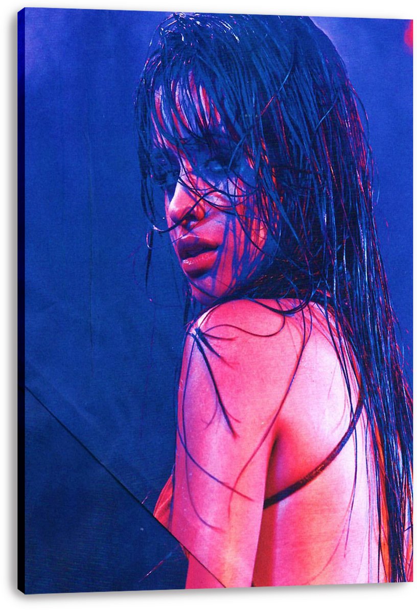 Camila Cabello canvas wall art print displays her dramatic wet-hair portrait in saturated blue and neon pink tones.