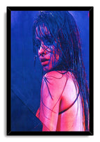 Camila Cabello framed wall art print presents a moody close-up portrait with wet dark hair against a deep blue background.