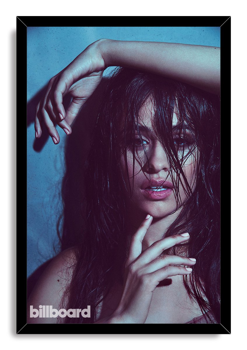Camila Cabello framed wall art print presents a dramatic wet-haired portrait in cool blue and purple tones with Billboard text.