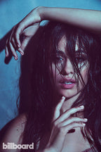 Camila Cabello poster features a moody close-up with wet dark hair, raised arms, and a blue-purple backdrop.