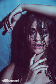 Camila Cabello poster features a moody close-up with wet dark hair, raised arms, and a blue-purple backdrop.