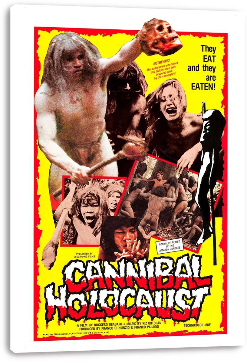 Cannibal Holocaust movie poster canvas print displaying a yellow collage, red border, distressed figures, and the 'They Eat and They are Eaten!' tagline.
