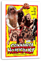 Cannibal Holocaust movie poster canvas print displaying a yellow collage, red border, distressed figures, and the 'They Eat and They are Eaten!' tagline.