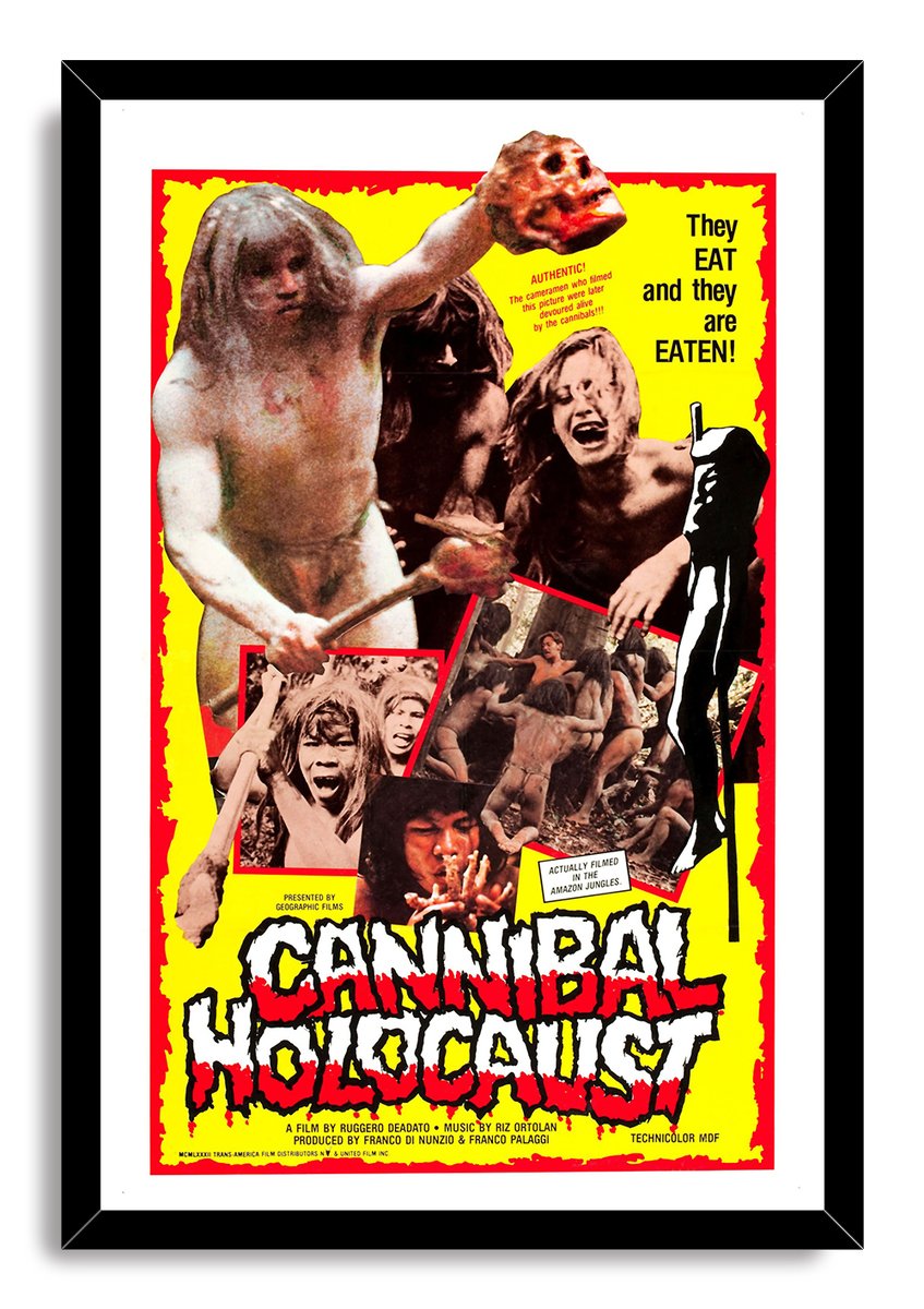 Cannibal Holocaust framed wall art print with a black frame around a yellow horror collage and large red-and-white title lettering.