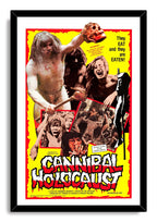 Cannibal Holocaust framed wall art print with a black frame around a yellow horror collage and large red-and-white title lettering.