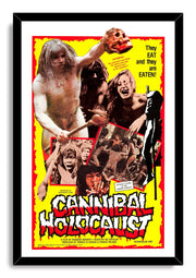 Cannibal Holocaust framed wall art print with a black frame around a yellow horror collage and large red-and-white title lettering.