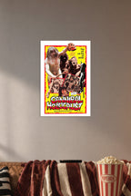 Cannibal Holocaust Movie Poster in a cozy movie room above a brown sofa with popcorn.