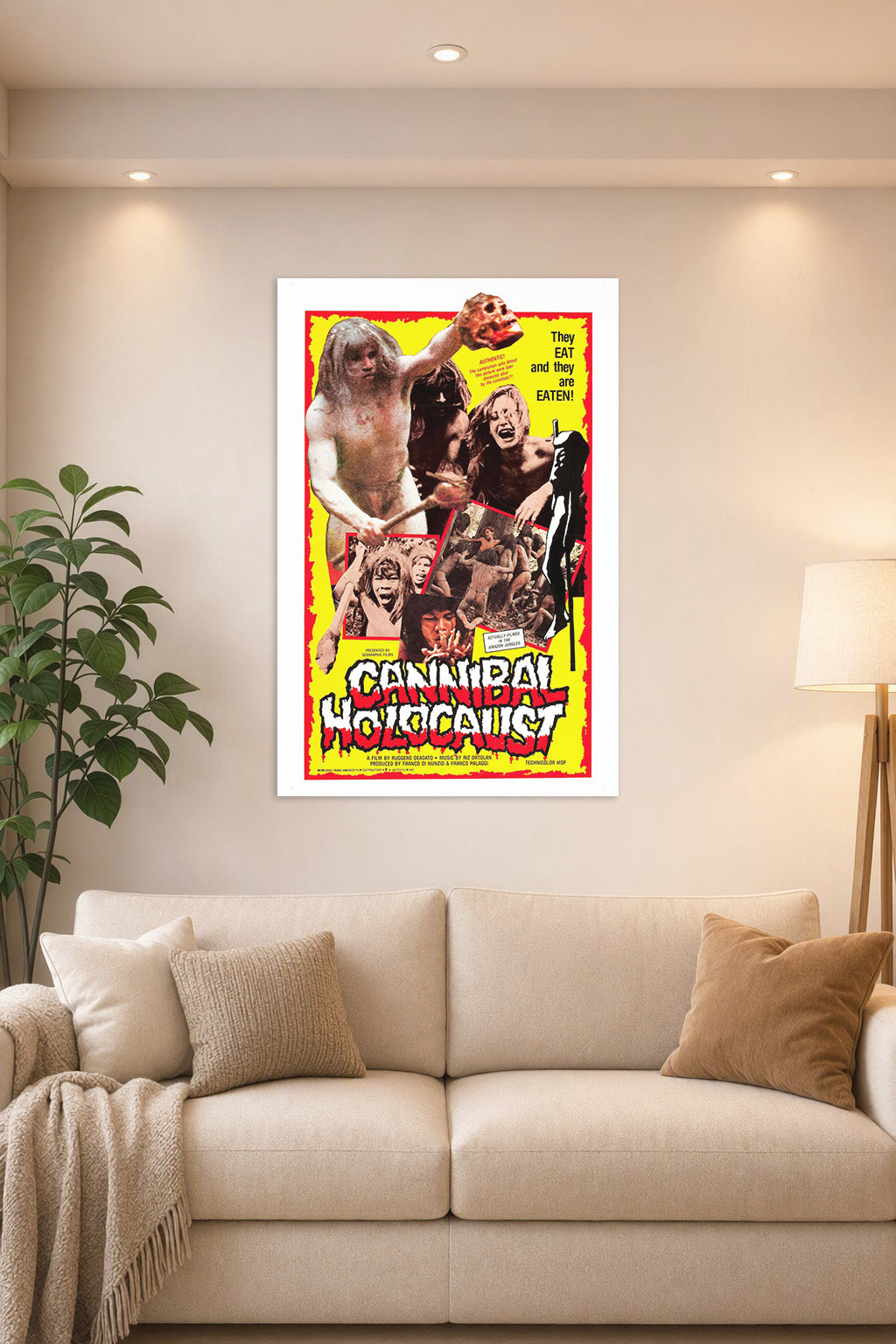 Cannibal Holocaust Movie Poster in a bright living room above a beige sofa.
