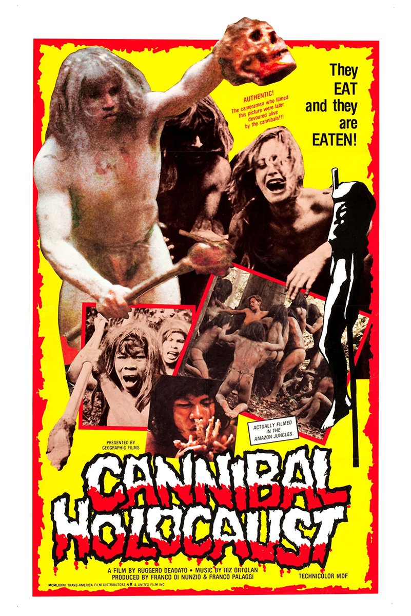 Cannibal Holocaust movie poster wall art print with a yellow and red collage of distressed figures and bold dripping title text.