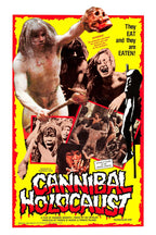 Cannibal Holocaust movie poster wall art print with a yellow and red collage of distressed figures and bold dripping title text.