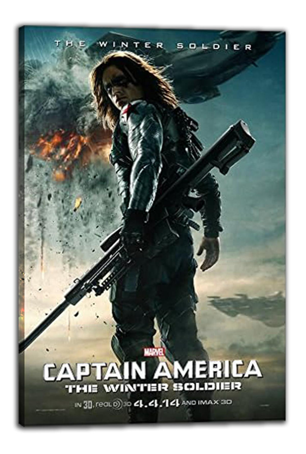 Captain America: The Winter Soldier canvas wall art print featuring an armed soldier before fire, smoke, and an aircraft.