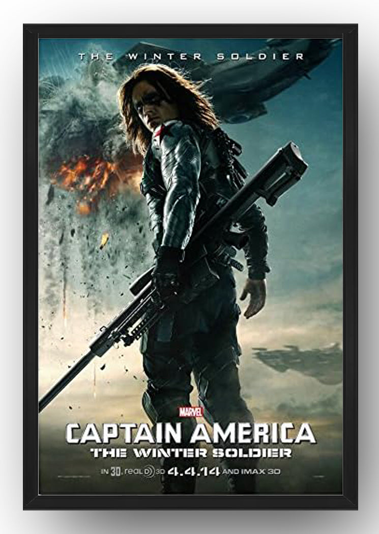 Captain America: The Winter Soldier framed wall art print with an armed soldier, burning debris, and aircraft overhead.