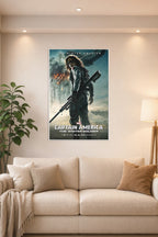 Captain America 2 The Winter Soldier Movie Poster in a bright living room above a beige sofa.