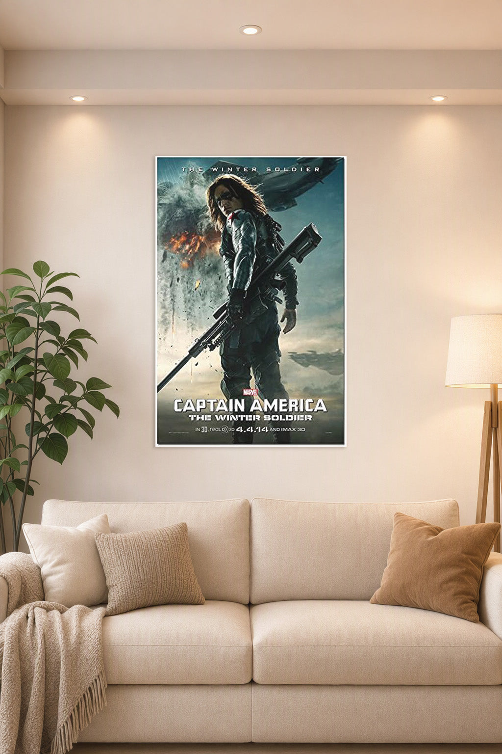 Captain America 2 The Winter Soldier Movie Poster in a bright living room above a beige sofa.