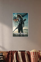 Captain America 2 The Winter Soldier Movie Poster in a cozy movie room above a brown sofa with popcorn.