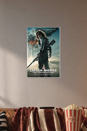 Captain America 2 The Winter Soldier Movie Poster in a cozy movie room above a brown sofa with popcorn.