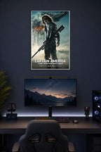 Captain America 2 The Winter Soldier Movie Poster in a gaming desk setup above a monitor.