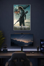 Captain America 2 The Winter Soldier Movie Poster in a gaming desk setup above a monitor.