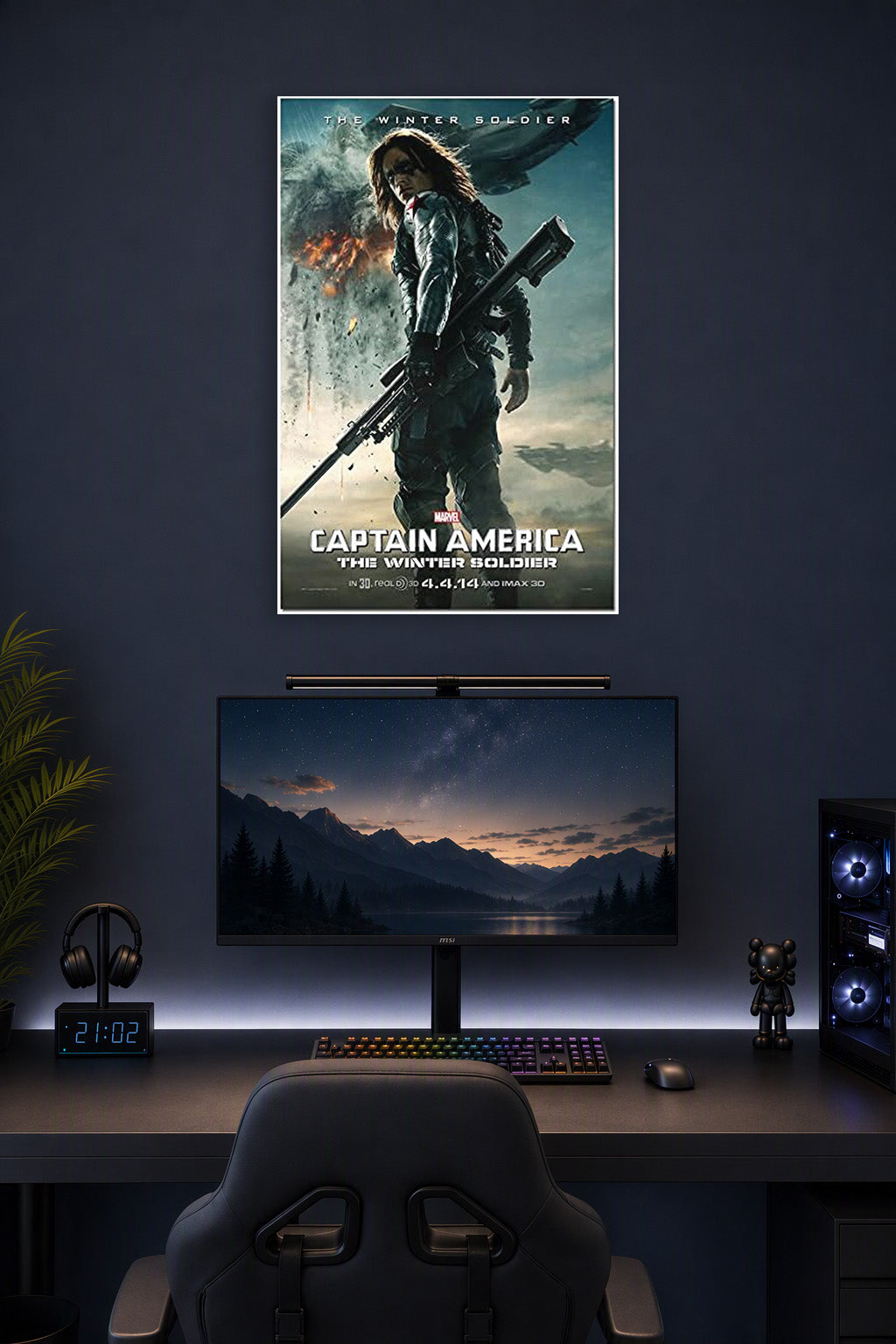Captain America 2 The Winter Soldier Movie Poster in a gaming desk setup above a monitor.